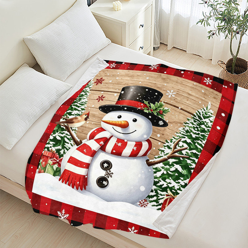 Plaid en flanelle polaire JYK pour Noël, léger, respirant, doux et chaud en microfibre pelucheuse, 127 x 152 cm, motif bonhomme de neige et oiseau.