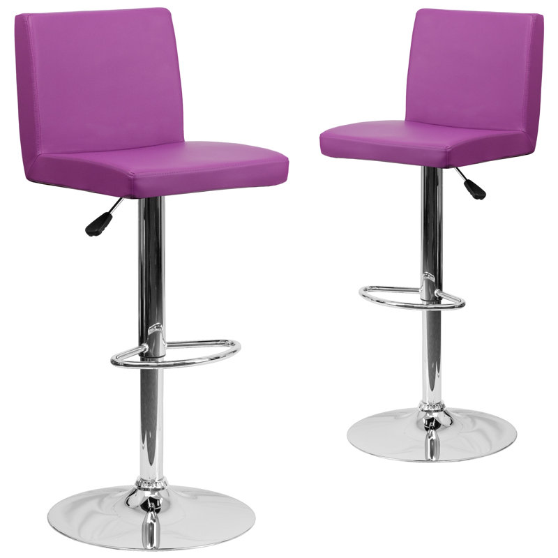 Contemporary Vinyl Adjustable Height Barstool with Panel Back and Chrome Base, Purple