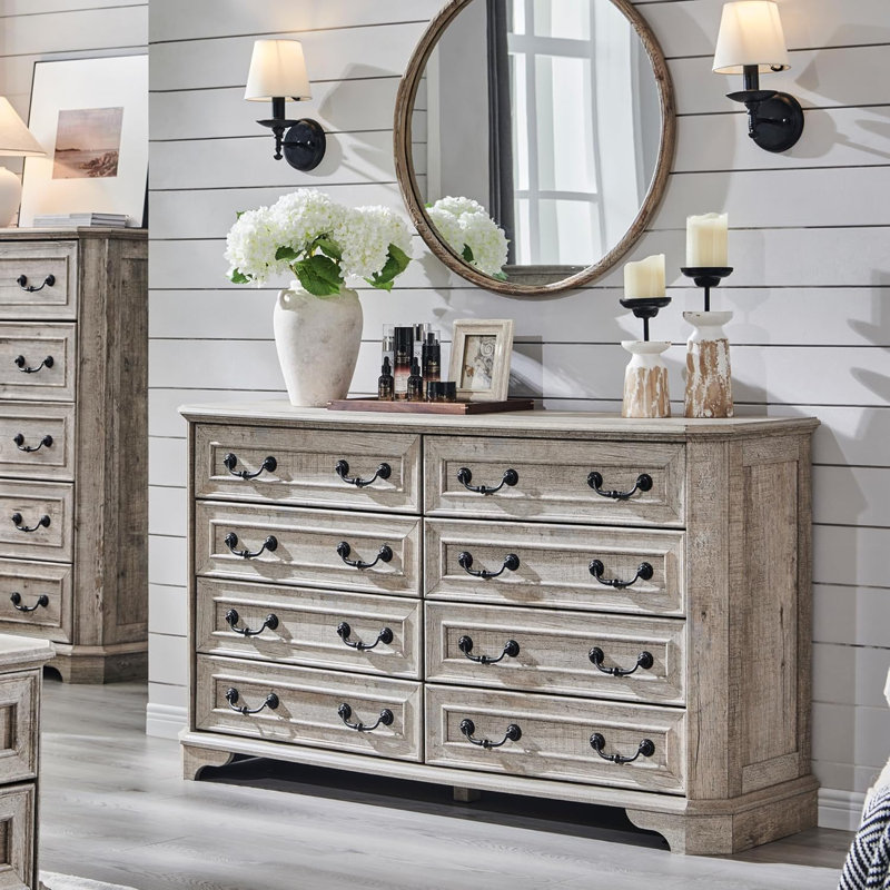 Commode 8 tiroirs, commode de rangement avec poignées en métal, organisateur de chambre à coucher large, Chêne rustique pâle