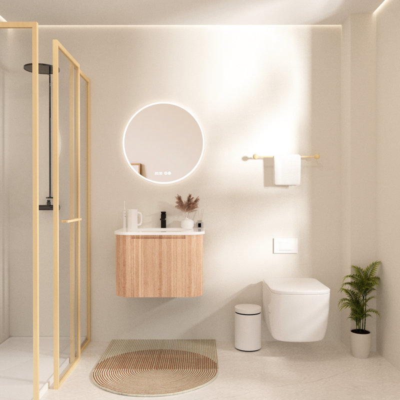 Ensemble de meuble-lavabo mural de 24 pouces, conception incurvée avec finition en bois, lavabo en marbre et en céramique, tiroir pour le rangement des cosmétiques suspendus, forme moderne, articles de toilette à fermeture en douceur naturelle
