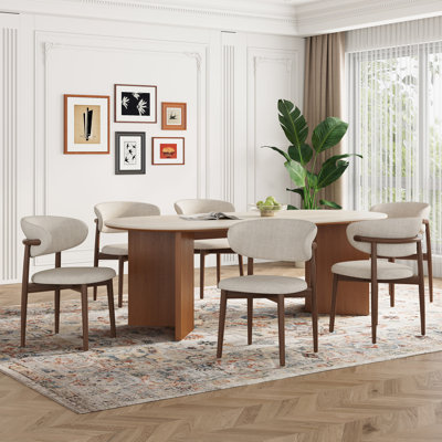 71" Oval Dining Table Set With 6 Linen Dining Chairs,Upholstered Side Chairs With High Back For Kitchen/Living Room