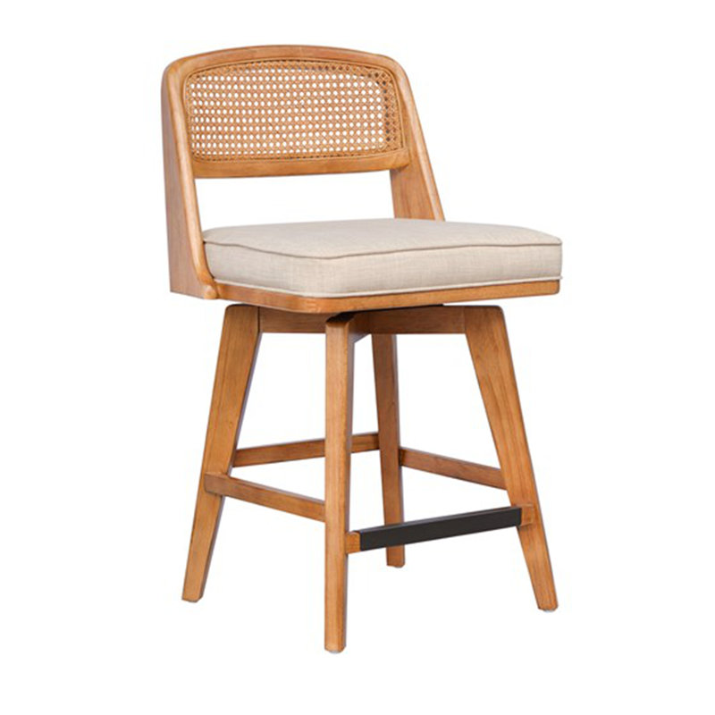 Natural Wood and Beige Woven Rattan Swivel Counter Stool