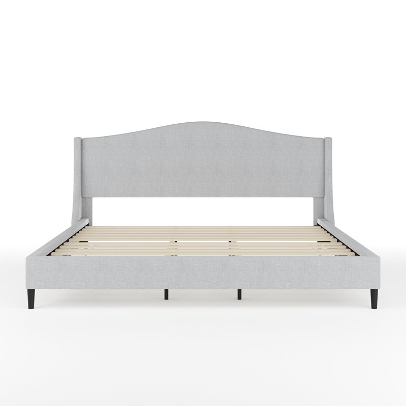 King Gray Linen Upholstered Platform Bed with Curved Headboard