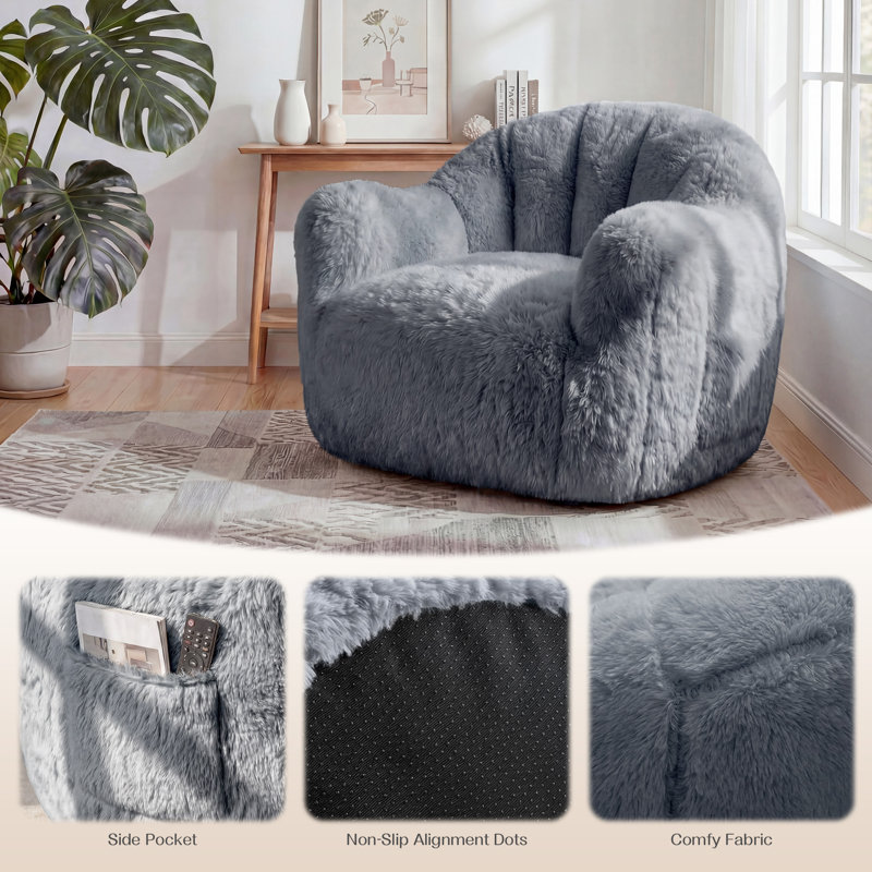 Oversized Tufted Bean Bag Chair with Side Pockets, Shed-Resistant Fabric & Shredded Memory Foam Lounger, Tufted Velvet Gray