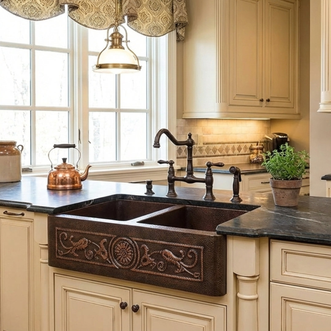 Ambiente Mexican Copper Crafts 33x22" Rectangular Apron Farmhouse Sink - Undermount Kitchen Sink, Drop-In Copper Sink, Ideal for Kitchen Ambiente