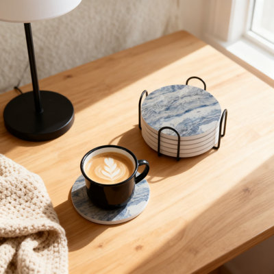 Ensemble de 6 sous-verres en céramique absorbants avec support en métal, envers en liège pour la protection de la table, décor minimaliste, accessoires de table basse