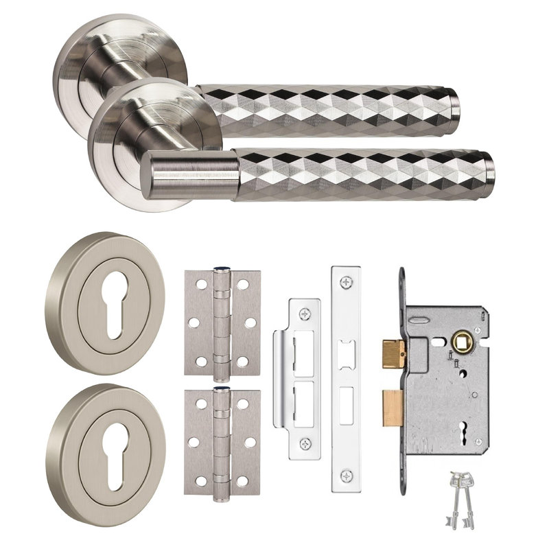 Golden Grace Knurled Diamond Cut T-Bar Bathroom Door Handle Set with Ball Bearing Hinges