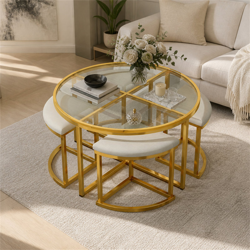 Tempered Glass Top Nesting Coffee Table, Black / Gold