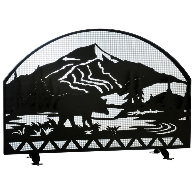 Bear Creek Black Iron Arched Fireplace Screen with Mountain Scene