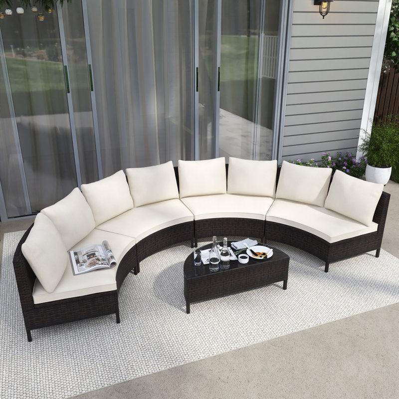 Ensemble de conversation modulaire en osier avec table en verre trempé 5 pièces, Beige