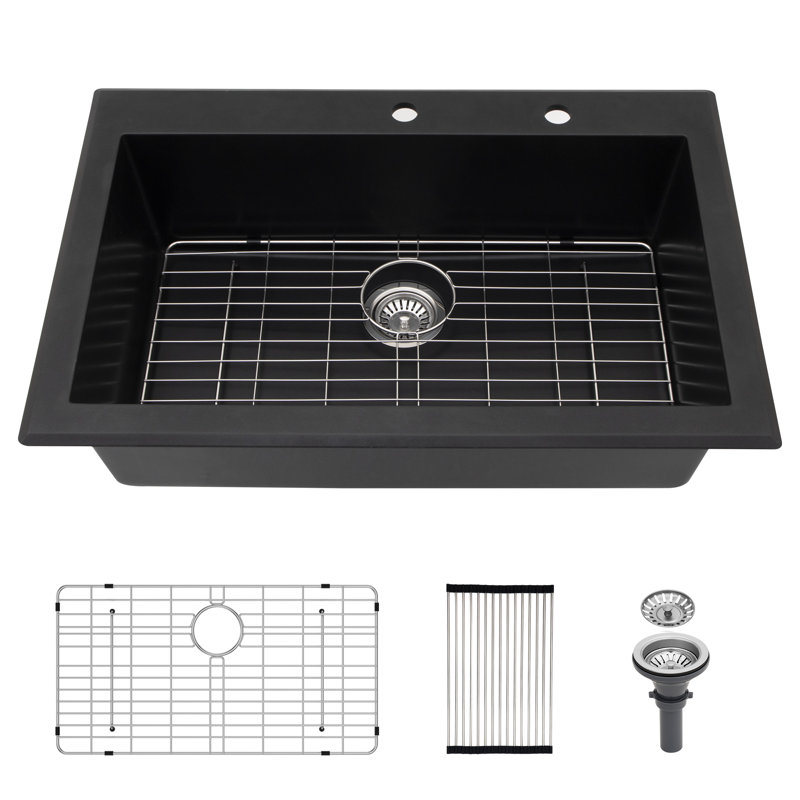 33"L x 22"W Drop-In Single Bowl Quartz Kitchen Sink Black Topmount Granite Composite Kitchen Sink with Bottom Grid,Roll-up Rack