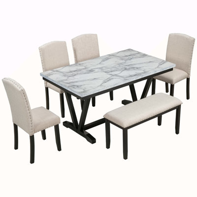 Modern Style 6-Piece Dining Table With 4 Chairs & 1 Bench, Table With Marbled Veneers Tabletop And V-Shaped Table Legs