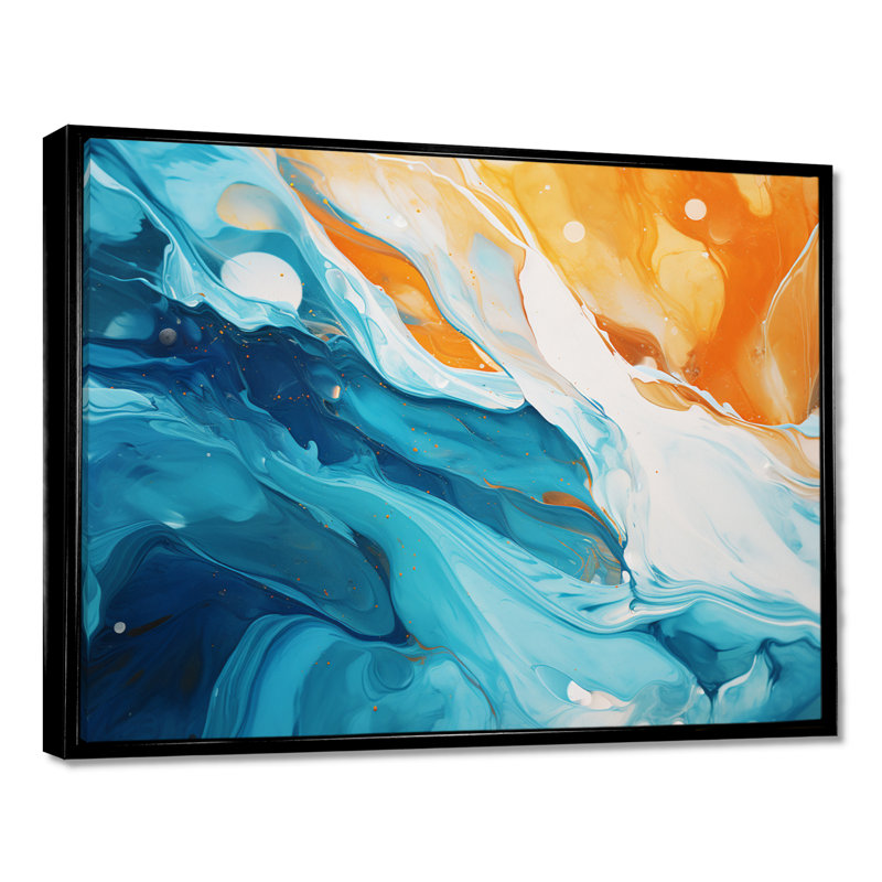 «Orange Blue Waves Reaching The Beach I», reproduction d'art abstrait à l'encre liquide, H 30 po x l 40 po