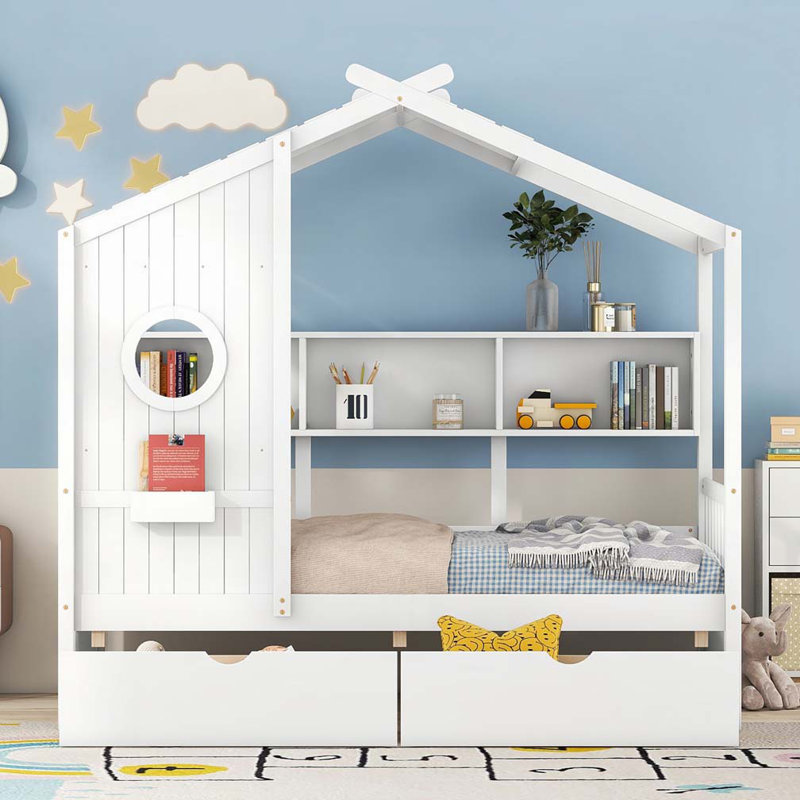 Lit en bois avec 2 tiroirs, tablette, Simple