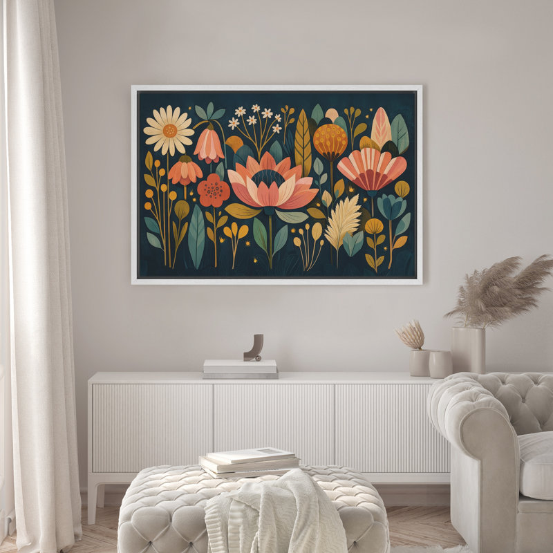 Motif floral fantaisiste dans des tons sarcelle profonds et tons chauds, reproduction d'art sur toile encadrée, Blanc