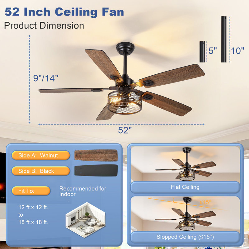 52 Inch Fine Net Caged Ceiling Fans with Lights, Dual Finish 5 Black Walnut Blades Hanging Fan, Rustic Ceiling Fan with Remote APP Control for Farmhouse Indoor/Outdoor Use