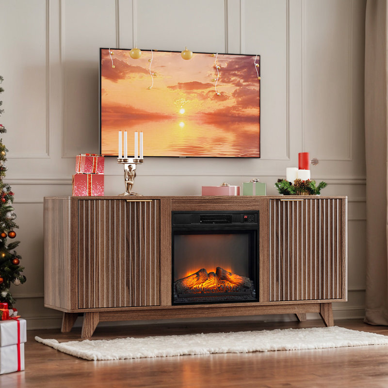 Meuble télé 58 po Farmhouse pour téléviseur de 70 po ou moins avec foyer électrique et 2 portes, Noyer