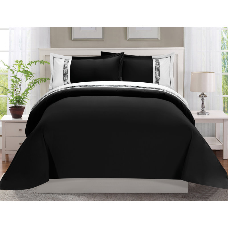  Ensemble de housse de couette réversible Greek, Housse de couette pour grand lit et 2 taies décor, Noir