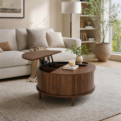 Table basse ronde avec rangement, table basse à plateau relevable de 31,5 po avec armoires, table centrale en bois pour le salon, tables de tambour cannelées pour petits espaces