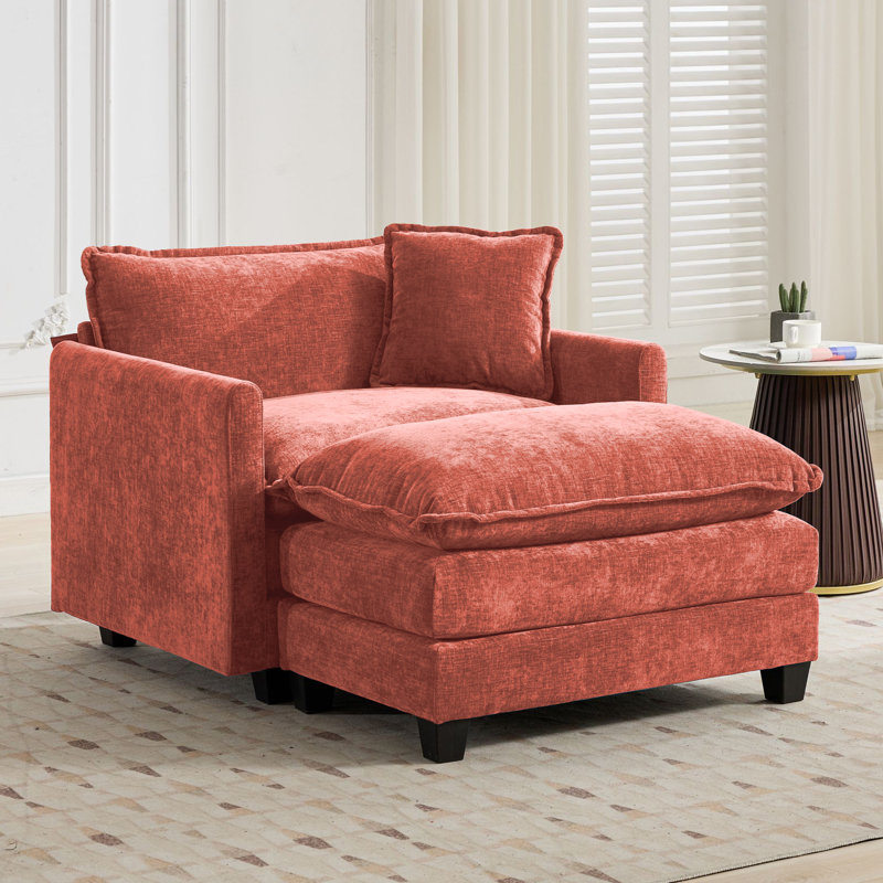 Fauteuil d'appoint surdimensionné en chenille de nuage avec repose-pieds Schmucker, Orange