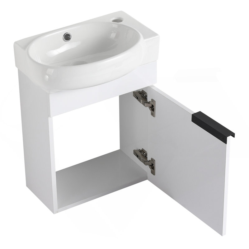Meuble-lavabo à fermeture en douceur avec lavabo, 16 pouces pour petite salle de bain, Blanc brillant