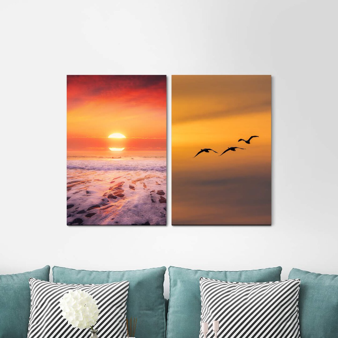 2-tlg. Leinwandbilder-Set - Fotografie „Sunset Sun Sea Waves Birds Horizon Powerful”