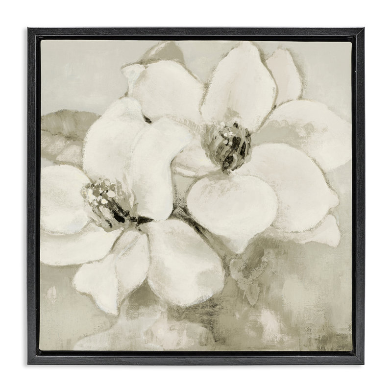 Cadre flottant subtil Magnolias beige, design par Lanie Loreth, Cadre flottant noir de jais, H 18 po x l 18 po