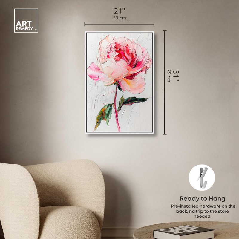 Art floral rose pastel sur toile rose, Cadre blanc, H 31 po x l 21 po