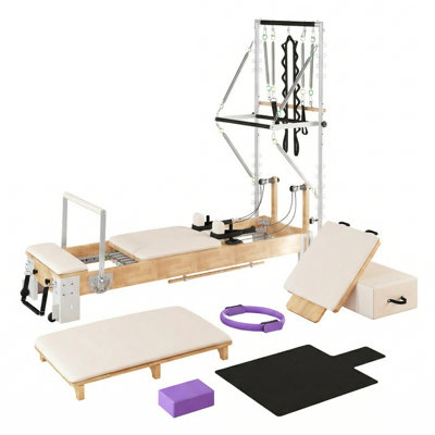 2-In-1 Professional Wooden Pilates Reformer With Tower & Mat, Full Studio Bundle With Sitting Box & Jumpboard, Solid Wood Pilates Machine For Home Gym, Core Strength & Recovery Workout