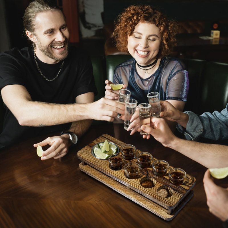 8 Shot Glasses Solid Wood Serving Set Tray