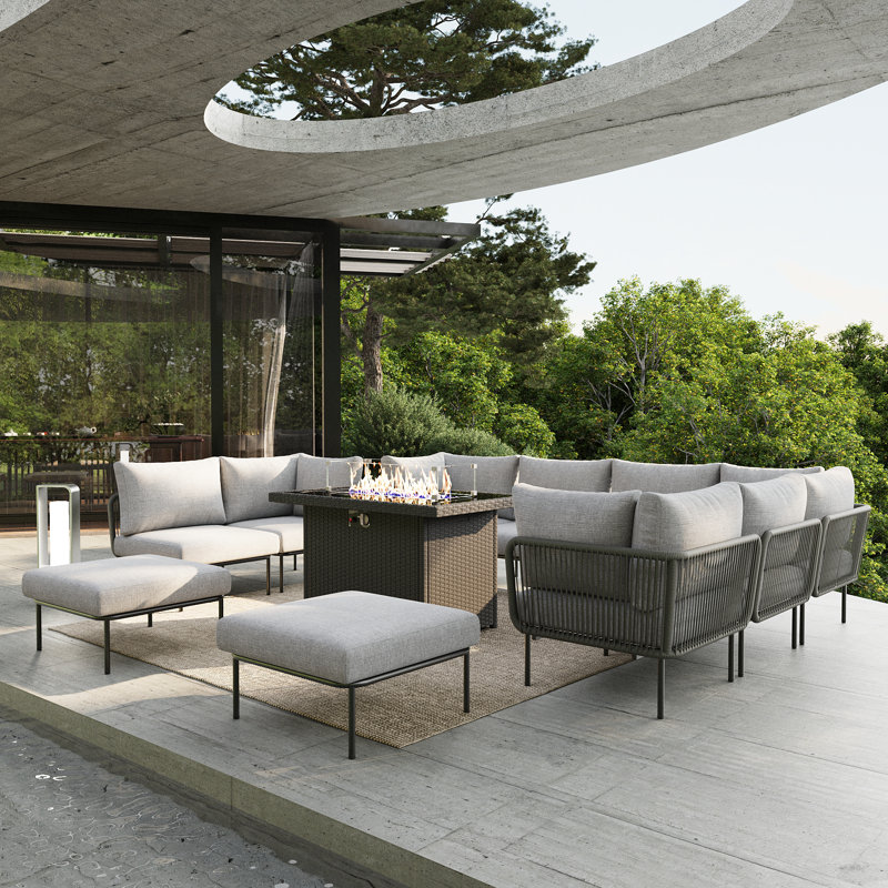 Ebern Designs 11 Pieces Aluminum Patio Furniture Set, Modern Modular Sectional Sofa with Fire Pit Table and Upgrade Thickness Cushion