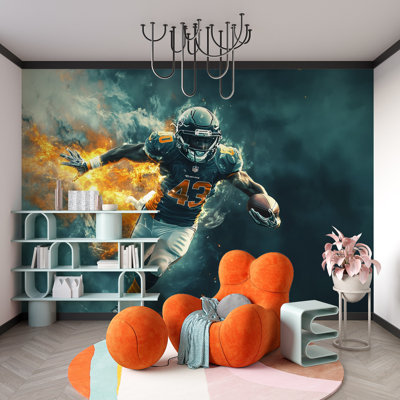 Epic American Football Wallpaper With Fire Effect, Athlete Wall Mural For Boys Room, Sports Action Scene Decor, Bold NFL Style Art Wallpaper Gift For Fans 