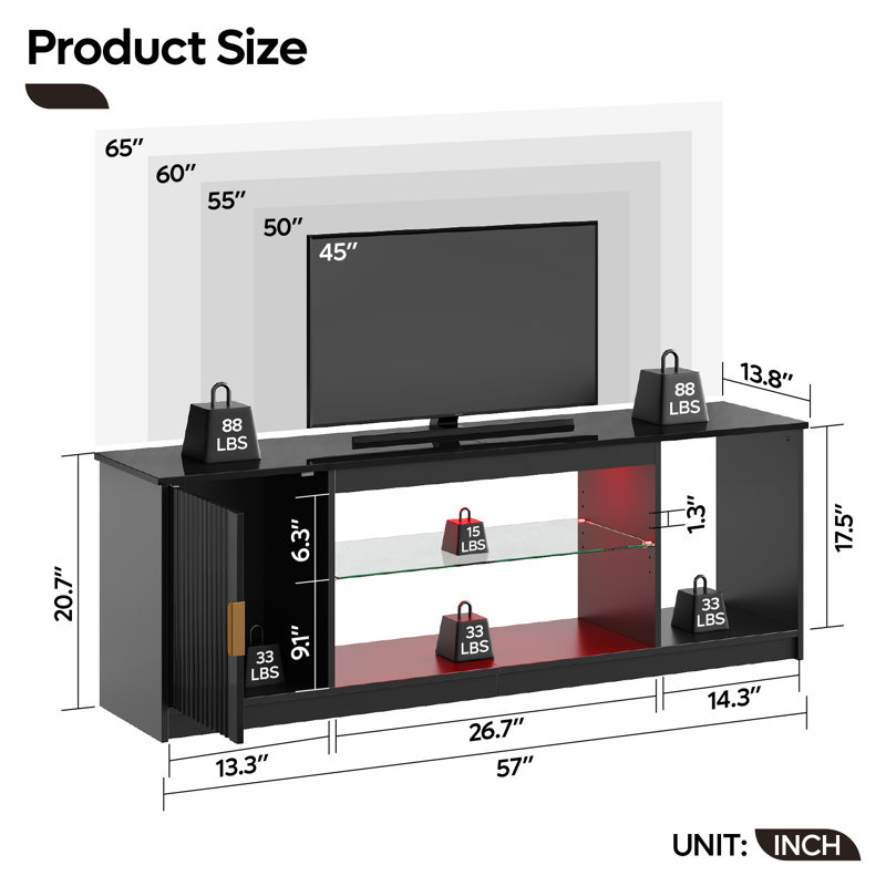 Labelle Brandenburg 57" Modern Media Console with Adjustable shelf, LED Fluted TV Stand for 65 Inch TV, Glossy TV Console with Cabinet