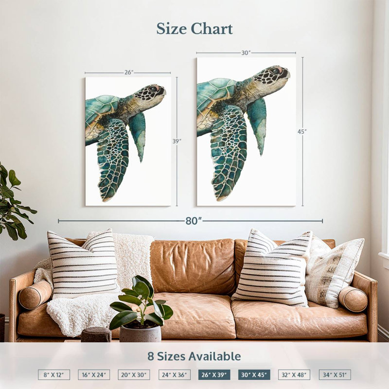 Grande tortue de mer, reproduction sur toile, H 45 po x l 30 po x P 1,25 po