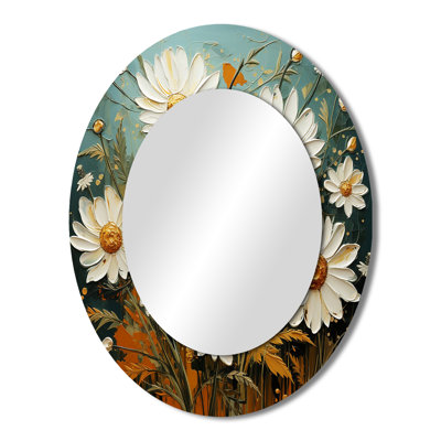 White And Teal Daisy Serenade II - Modern Oval Wall Mirror
