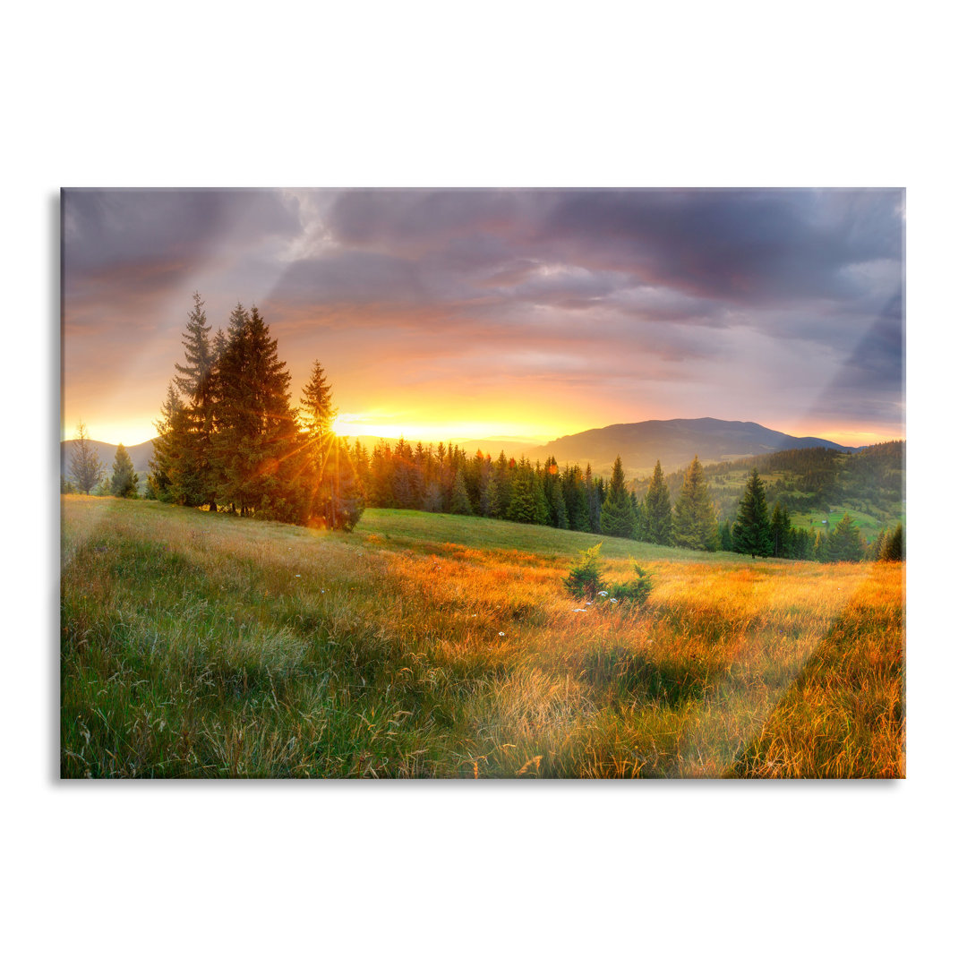 Glasbild "Wiesenlandschaft bei Sonnenuntergang"