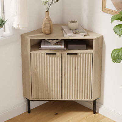 Modern 36" Fluted Corner Cabinet With Doors,Small Space Storage Solution With Adjustable Shelf & Metal Legs For Living Room, Bathroom