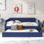 Lit de jour rembourré plateforme, mobilier de chambre polyvalent pour petit espace, lit simple en lin bleu classique avec lit gigogne escamotable