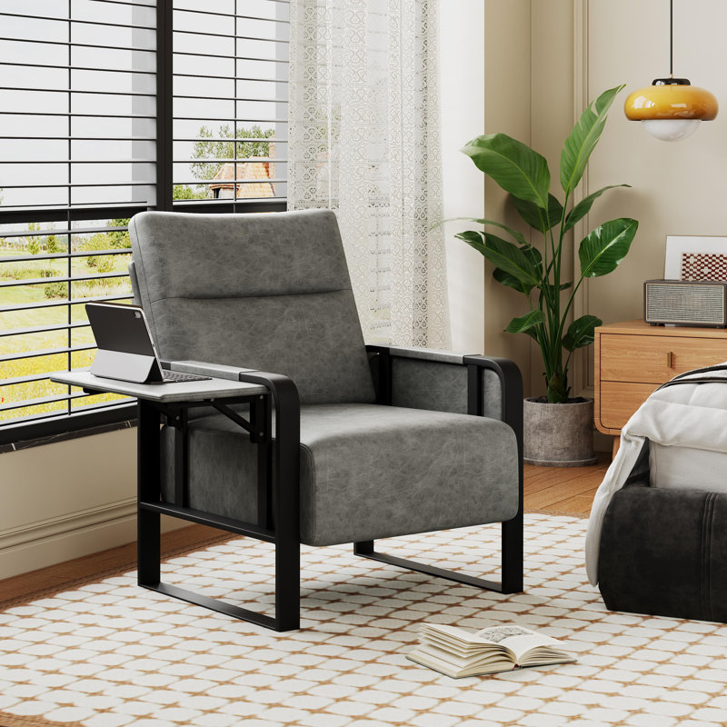 Whole Metal Frame Upholstered Accent Chair With Side Tray Table, Gray Faux Leather