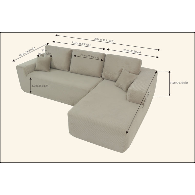 Canapé modulaire Cloud avec méridienne en forme de L, canapé modulaire moderne avec assise profonde, fauteuils rembourrés pour la chambre à coucher du salon, aucun assemblage requis (tissu velours côtelé)