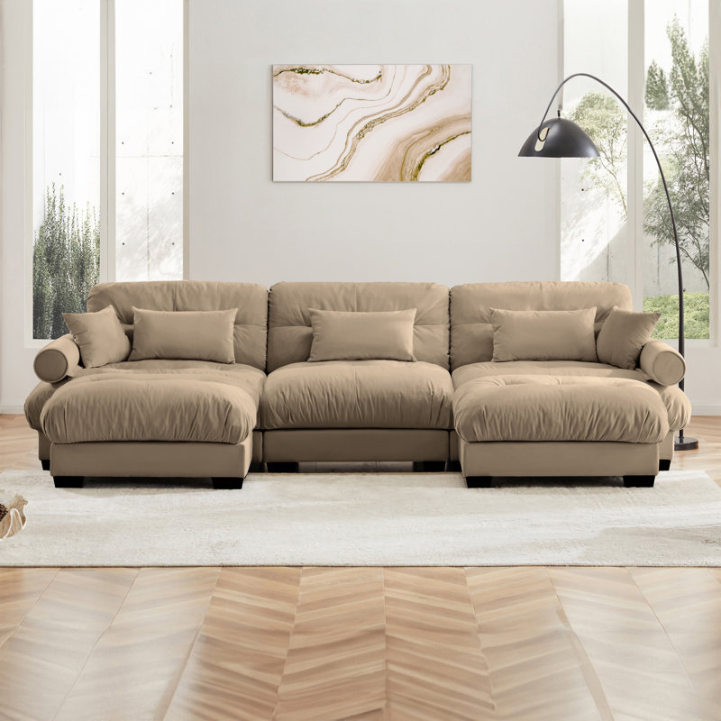 U Shape Modular Sectional Sofa Couch With Two Movable Ottomans, Modern 3 Seat Corner Sofa With Waist Pillows, Throw Pillows And Blostered Armrests, Convertible L Shaped Couch For Living Room