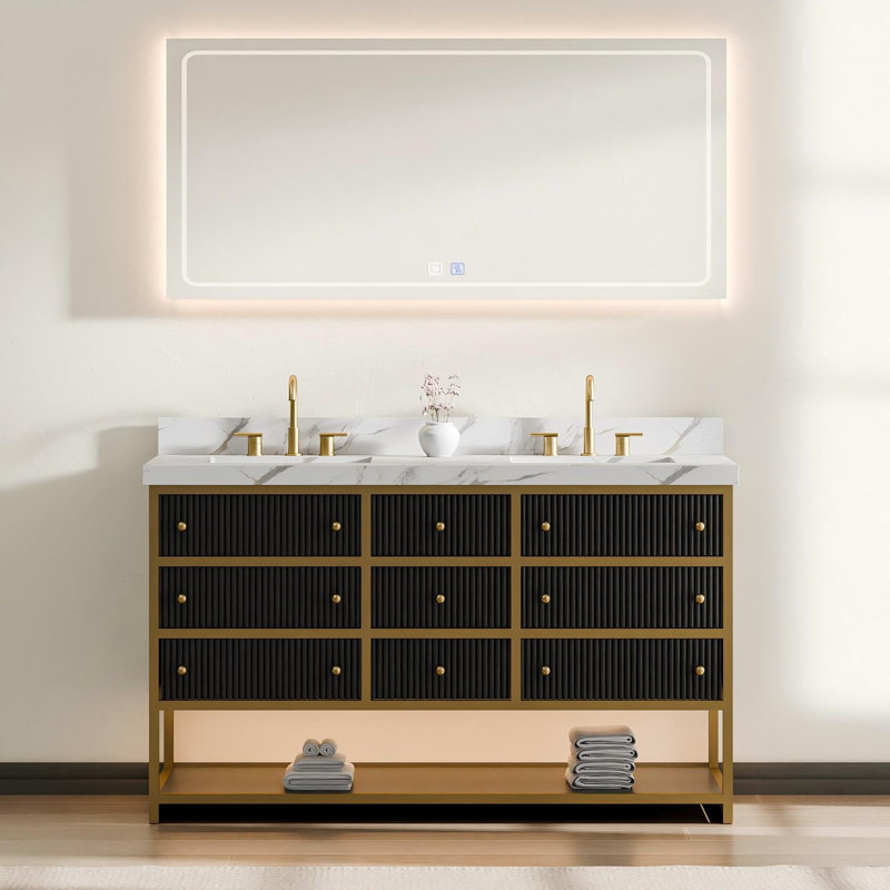Meuble-lavabo double 60 po avec comptoir en pierre d'ingénierie et lumière DEL Celestia, Noir, 60"