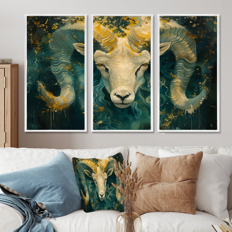 Astrologie verte et jaune «Aries Awakening I» «Astrologie verte et jaune Aries Awakening I» - 3 pièces, Cadre flottant blanc