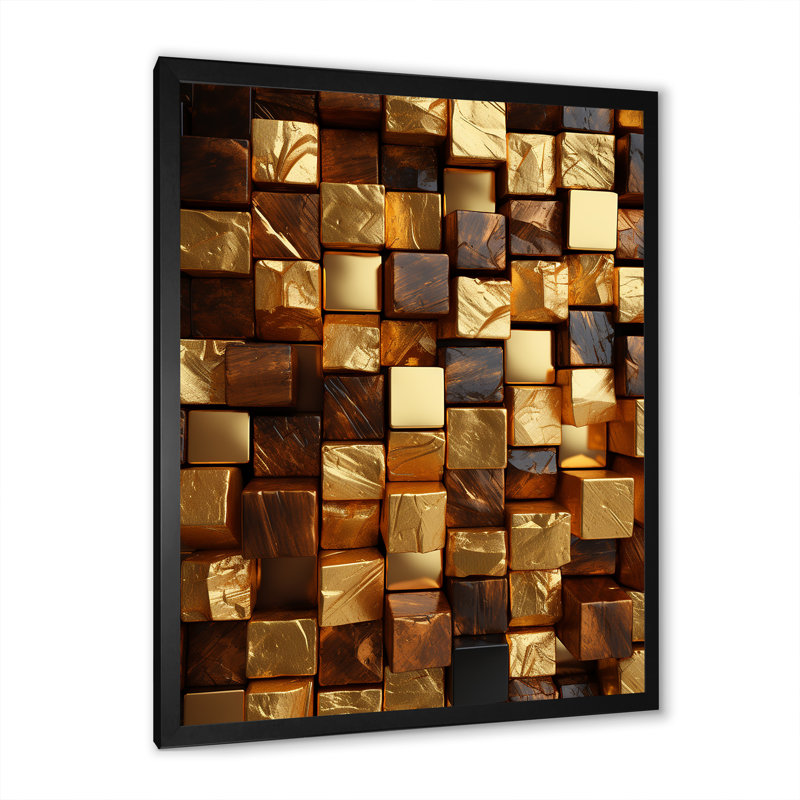 Or abstrait cubes II - art mural géométrique, Cadre photo noir, H 20 po x l 12 po x P 1 po