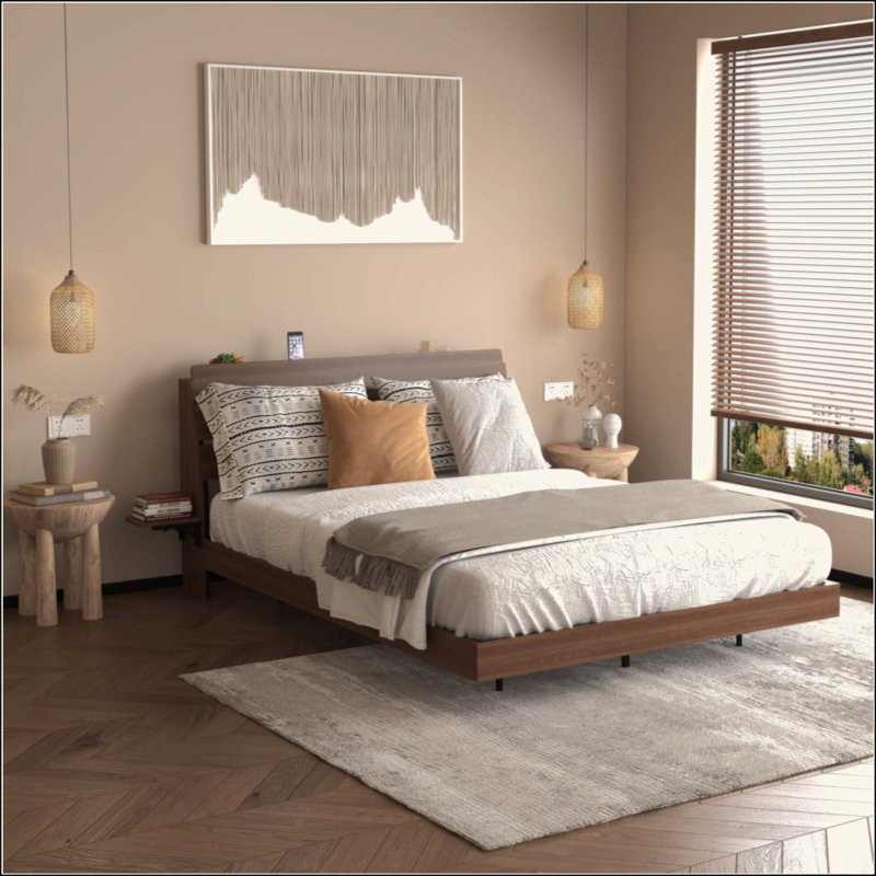 Base de lit flottante avec lumières DEL intelligentes et station de charge, lit en bois avec tête de rangement, aucun sommier requis, assemblage facile