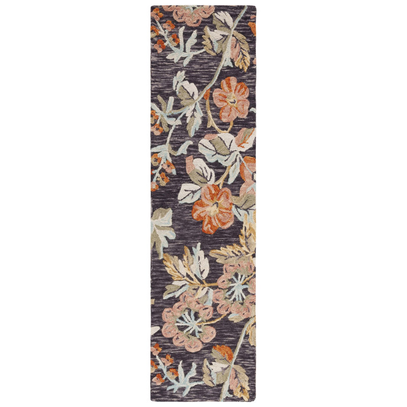Tavant Hand Tufted Wool/Cotton Floral Rug in Charcoal/Orange, Runner 2'3" x 9'