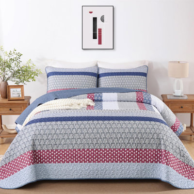 Ensemble de courtepointe 3 pièces à rayures bohémiennes en microfibre légère toutes saisons