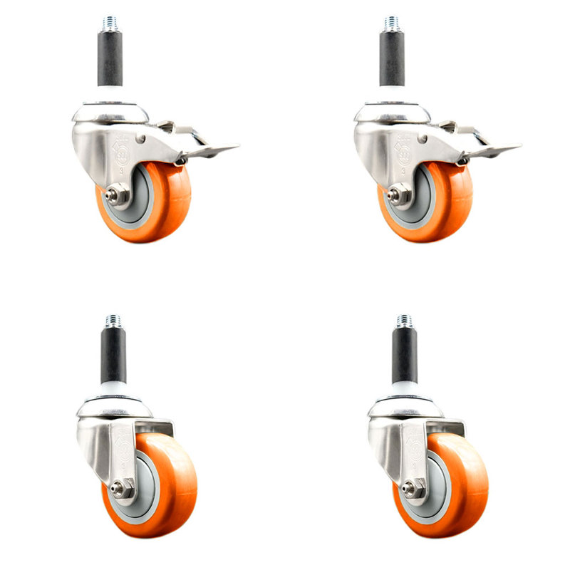 Ensemble de 3 roulettes à tige pivotantes 3,5 pouces en polyuréthane orange 3,5 pouces et 3 freins