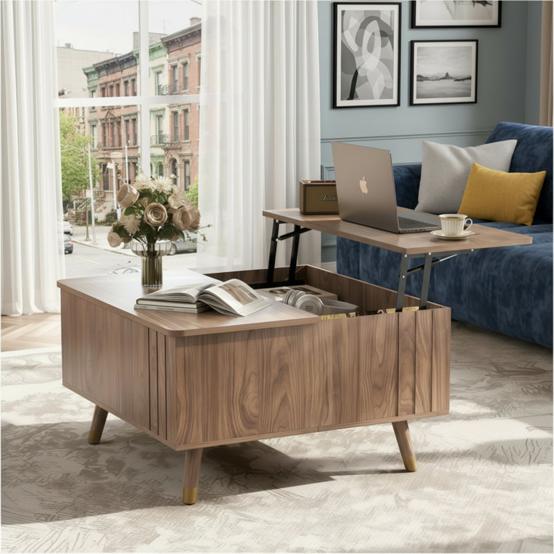 Table basse réglable en hauteur en bois de noyer foncé de style moderne Mid-Century, grand carré avec compartiments de rangement cachés, convient aux bureaux à domicile / salons.