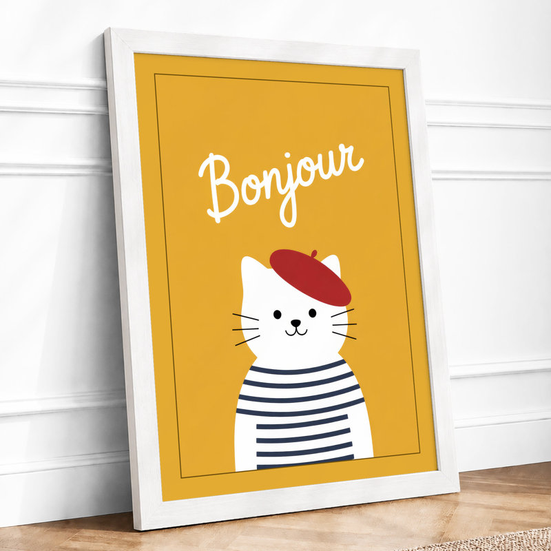 Bonjour Parisian Cat Modern - Framed Print, A1 - 84.1 x 59.4 cm, White